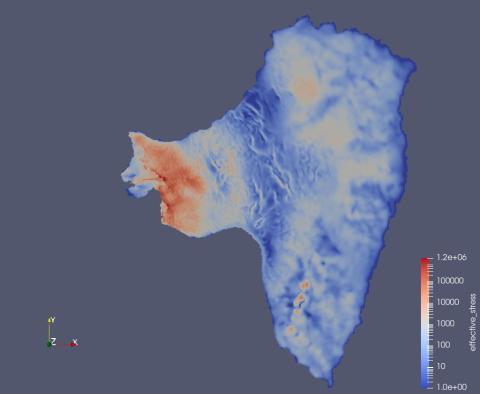 Effective strain on a triangular mesh of the Thwaites glacier in Antarctica.